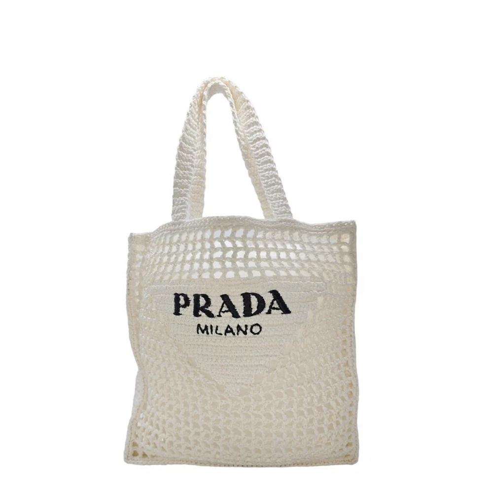 Prada Logo Raffia Tote (White)